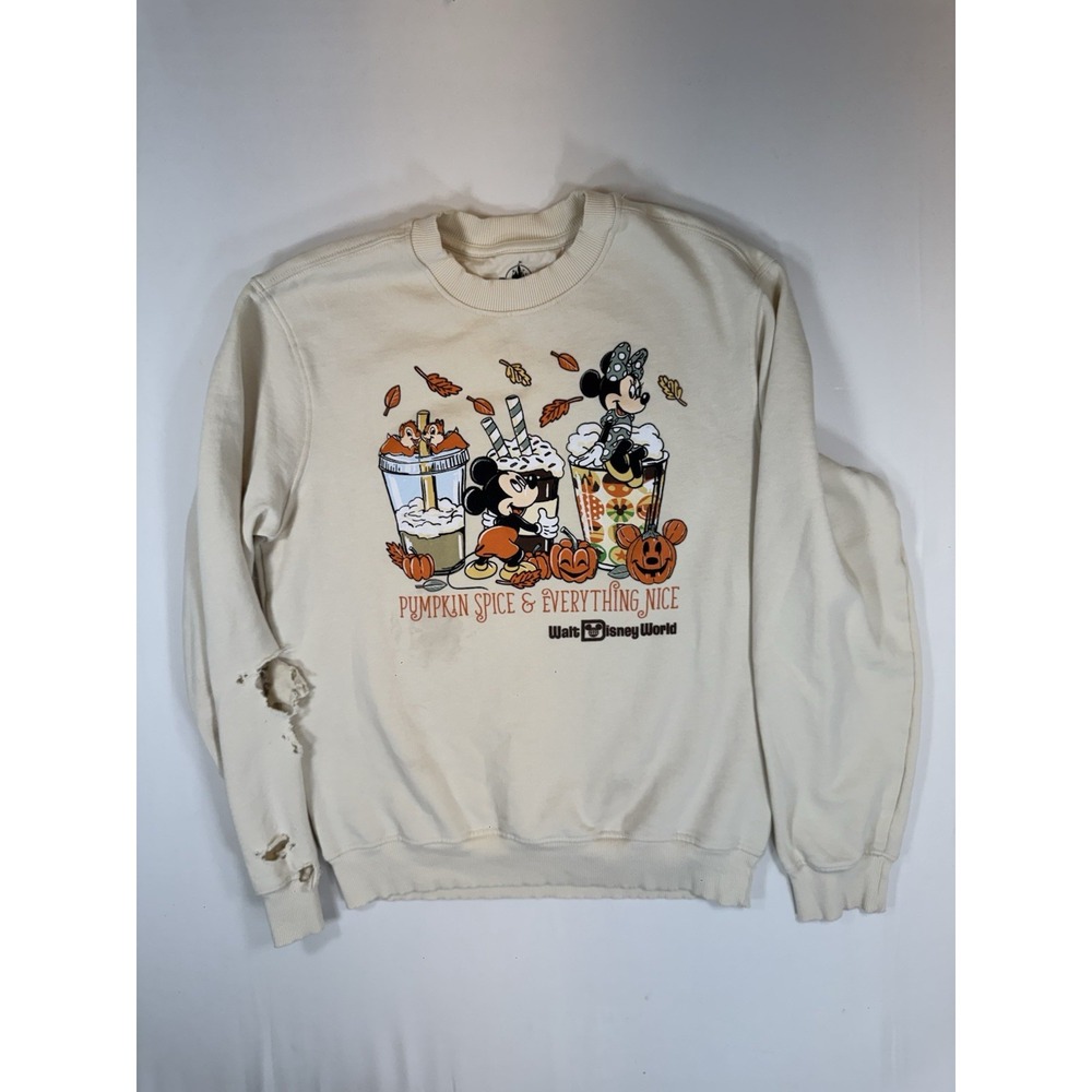 Disney World Mickey Pumpkin Spice Sweatshirt S Trashed Project Distressed FLAWS